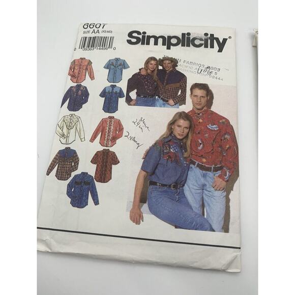 Vintage Lot Of 2 Simplicity Western Shirts Sewing Patterns 8441 And 8607 (1993) - Picture 3 of 5